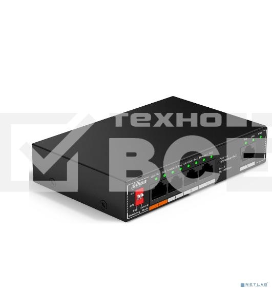 Коммутатор неуправляемый 5-портовый с РоЕ DAHUA DH-SF1005P, 4xRJ45 100Mb PoE, 1xRJ45 100Mb uplink, суммарно 60Вт, коммутация 1.8 Гбит/с, MAC-таблица 2K, металл