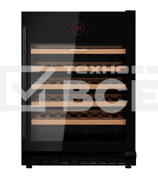 Винный шкаф KUPPERSBERG RBW 85, встраиваемый, High-Tech, объем 135 л, вместимость 54 бутылки, диапазон температуры 5-20 градусов, механическое открытие двери, 5 полок из бука, LCD дисплей, уровень шума 40 дБ, черный