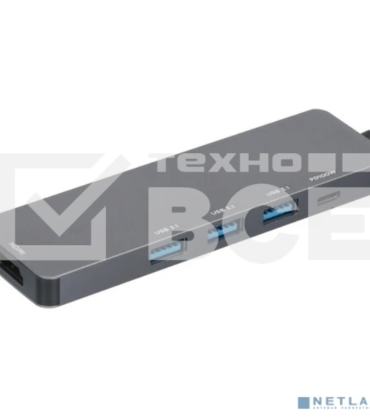 USB-концентратор Type-C Gembird UHB-D1, 5в1: 3хUSB3.1, Type-C PD100W, HDMI, кабель 17см, алюминий