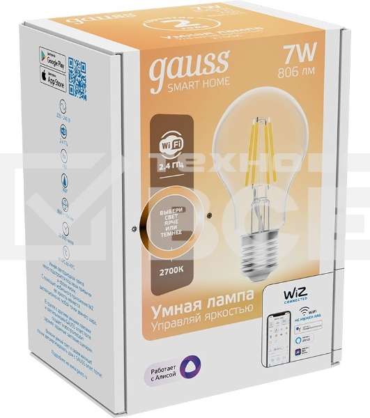 Лампа светодиодная филаментная Gauss Smart Home DIM E27 A60 7 Вт 1/10/40