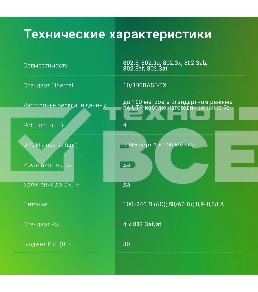 Коммутатор Digma DSP204F-2F-T80 DSP204F-2F-T80 V1 (L2) 6x100Мбит/с 4PoE 4PoE+ 80W неуправляемый