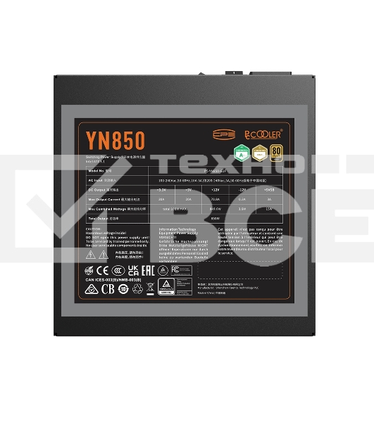 Блок питания PCCOOLER, 850W 80+ Gold (ATX, 3.1, PCIe 5.1 600W, Full modular, 1x24(20+4)pin 550мм, 2xCPU 8(4+4)pin 650мм, 3xPCIe 8(6+2)pin 500мм, 1x12V(2x6) 12+4pin 650мм, 3xSATA*3+MOLEX4pin*1 450+120+120+120мм, Active, 135x135mm, 150x150x86mm, APFC, OVP, UVP, OCP, SCP, OTP, OPP, SPD)