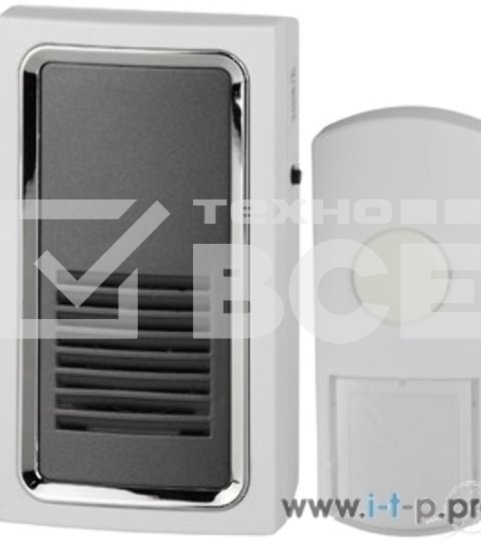 Звонок дверной беспроводной ЭРА C96, от сети.25 мелодий.Радиус действия – 100м на открытом пространстве.Питание динамика от электросети (220В), кнопки - от батарейки А23 (12В).