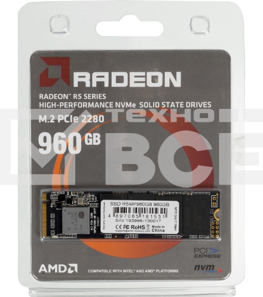 Накопитель SSD AMD Radeon R5MP960G8, 960Gb, M.2 2280, PCIe 3.0 x4, NVMe, R/W 2100/1900