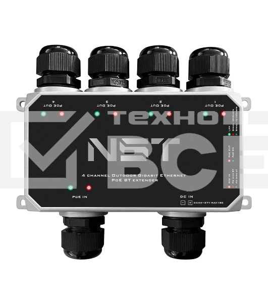 Уличный Ultra PoE удлинитель - коммутатор Gigabit Ethernet до 250м на 5 портов. Порты Ethernet: Вход - 1x10/100/1000Base-T RJ45; Выход - 4x10/100/1000Base-T RJ45. Порты PoE: Вход - 1xIEEE 802.3af/at/bt/Passive POE (до 120W); Выход - 1xIEEE 802.3af/at/bt (