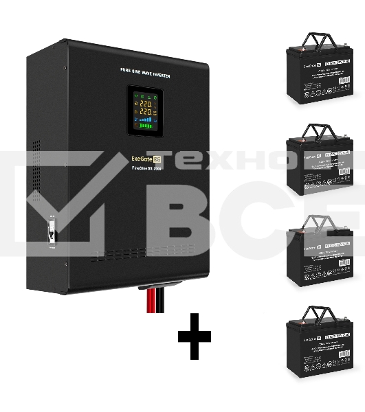 Комплект Источник бесперебойного питания EX296005RUS + батарея 75Aч EX282983RUS 4шт (инвертор, синус, для котла, настенный) ExeGate FineSine SX-7000.LCD.AVR.2SH.T <7000VA/5000W, чистая синусоида, цветной LCD-дисплей, AVR, 2*Schuko+клеммы, линейно-интеракт