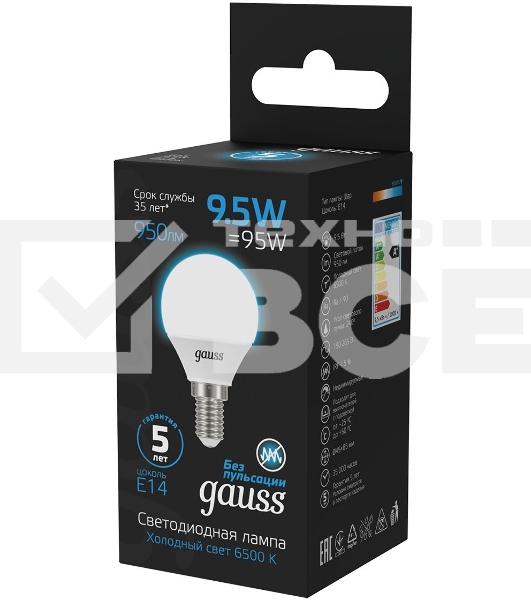 Лампа светодиодная Gauss 105101310 9.5Вт цок.:E14 шар 220B 6500K св.свеч.бел.хол. (упак.:10шт)