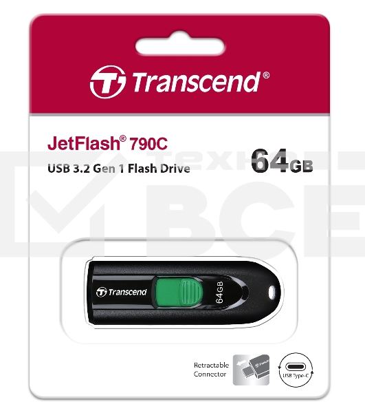 Флеш диск Transcend 64Gb Jetflash Type-C 790С TS64GJF790C USB3.0 черный