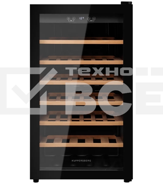 Винный шкаф Kuppersberg RSW 82, отдельностоящий, High-Tech, объем 128 л, вместимость 40 бутылок, диапазон температуры 5-20 градусов, механическое открытие двери, 6 полок из бука, LCD дисплей, уровень шума 38 дБ, черный
