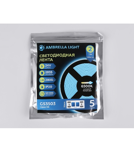 Светодиодная лента Ambrella light GS3503 2835 240Led /22W m/ 24V IP20 6500K/ 5000*10*1.2mm (2 конт.)