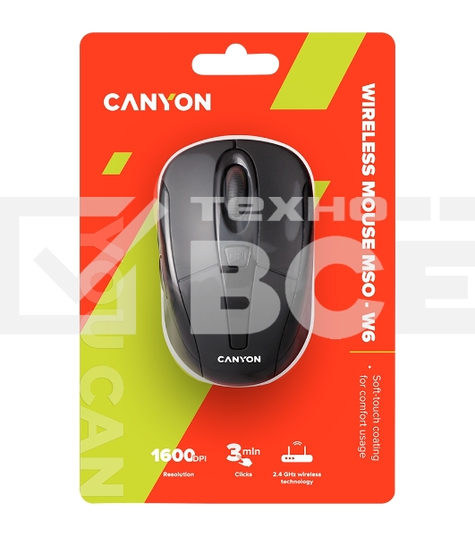 Мышь беспроводная Canyon MSO-W6 черный, 1600 dpi, радиоканал, USB, кнопки - 6