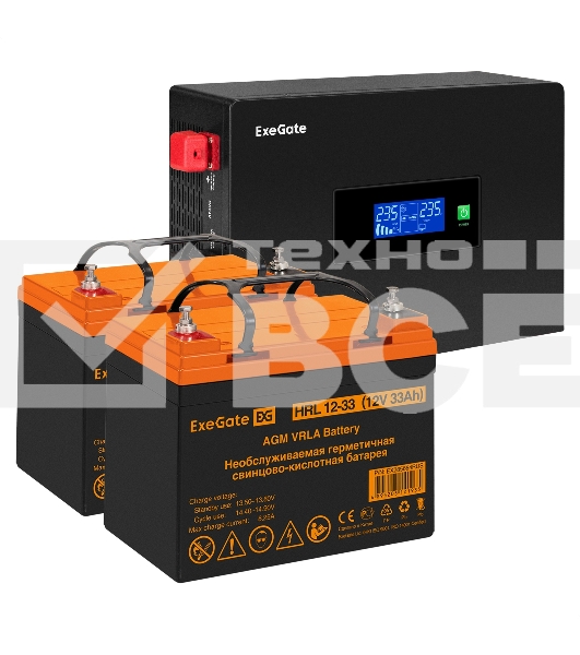 Комплект источника бесперебойного питания Exegate EX295994RUS + батарея 33Aч EX285664RUS 2шт (инвертор, синус, для котла, PF=1, настенный) ExeGate IdealSine SR-1500.LCD.2SH <1500VA/1500W, чистая синусоида, цветной LCD-дисплей, 2*Schuko, крепление настенное, Black> + батарея ExeGate HRL 12-33 (12В, 33Ач) 2шт