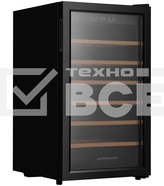 Винный шкаф Kuppersberg RSW 82, отдельностоящий, High-Tech, объем 128 л, вместимость 40 бутылок, диапазон температуры 5-20 градусов, механическое открытие двери, 6 полок из бука, LCD дисплей, уровень шума 38 дБ, черный