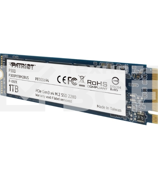 Накопитель SSD Patriot P300, 1000GB, PCIe 3.0 x4, M.2 2280, NVMe, R/W 2100/1650