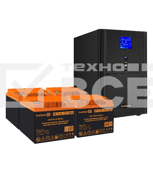 Комплект источника бесперебойного питания Exegate EX295991RUS + батарея 40Aч EX282979RUS 4шт (инвертор, синус, для котла) ExeGate SineTower SZ-5000.LCD.AVR.2SH.1C13.T.RJ.USB <5000VA/4000W, чистый синусоида, LCD дисплей, AVR, 2*Schuko+1*C13+клеммы, RJ45/11, USB, линейно-интерактивный, черный> + батарея ExeGate HR 12-40 (12В, 40Ач) 4шт