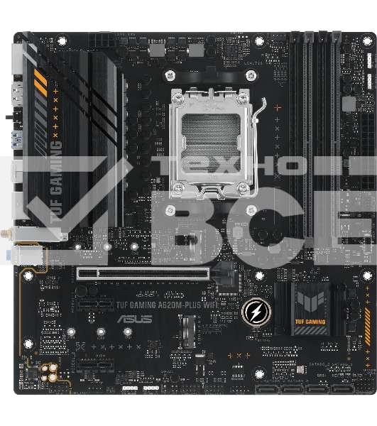 Материнская плата ASUS TUF GAMING A620M-PLUS WIFI, AM5, AMD A620, 4xDDR5, 4xSATA, 2xM.2, 1xPCIe 4.0 x16, 2xPCIe x1, 2xDP, 1xHDMI, 1x 2.5Gb LAN, 4xUSB-A 2.0, 2xUSB-A 3.2 Gen 1, 3x3.5 мм, 7.1, mATX