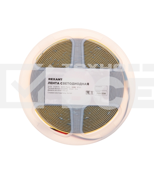 Лента светодиодная 24В, COB 14Вт/м, 512 LED/м, 3000К, 8мм, 5м, IP20 Rexant