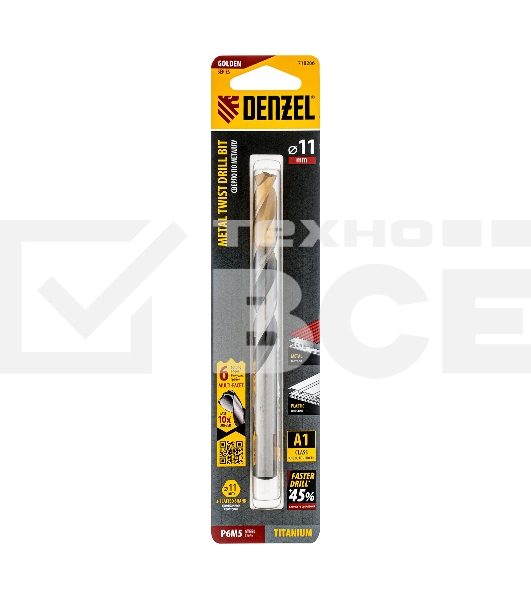 Сверло спиральное по металлу 11 x 142мм, Р6М5, Golden Tip, многогранная заточка Denzel