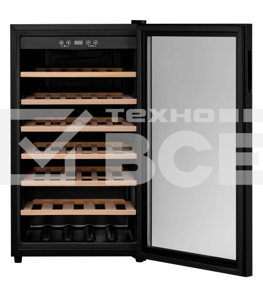 Винный шкаф Kuppersberg RSW 82, отдельностоящий, High-Tech, объем 128 л, вместимость 40 бутылок, диапазон температуры 5-20 градусов, механическое открытие двери, 6 полок из бука, LCD дисплей, уровень шума 38 дБ, черный