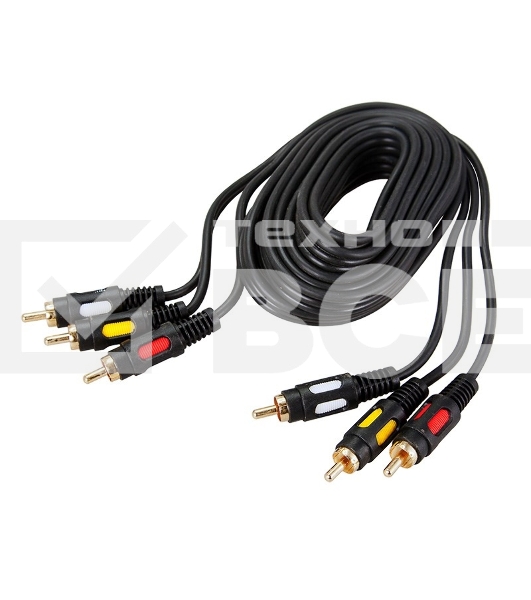 Шнур 3 RCA - 3 RCA, длина 5 метров, черный (GOLD) Rexant