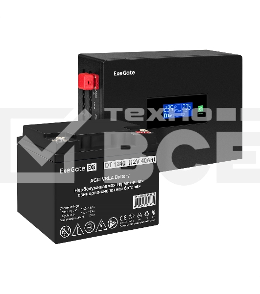 Комплект Источник бесперебойного питания EX295993RUS + батарея 40Aч EX282976RUS 1шт (инвертор, синус, для котла, PF=1, настенный) ExeGate IdealSine SR-1000.LCD.2SH  <1000VA/1000W, чистая синусоида, цветной LCD-дисплей, 2*Schuko, крепление настенное, Black