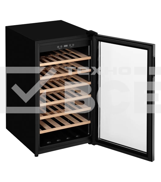 Винный шкаф Kuppersberg RSW 82, отдельностоящий, High-Tech, объем 128 л, вместимость 40 бутылок, диапазон температуры 5-20 градусов, механическое открытие двери, 6 полок из бука, LCD дисплей, уровень шума 38 дБ, черный