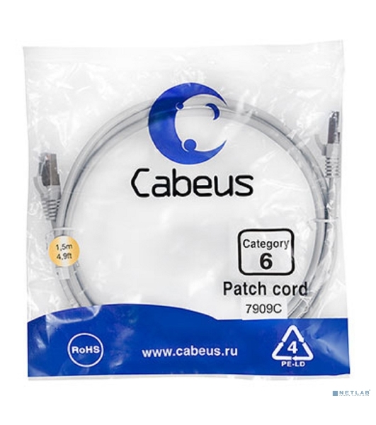 Шнур комм. Cabeus, cat.6, экр., F/UTP, RJ45/RJ45, LSZH, AWG24, 1.5м, серый