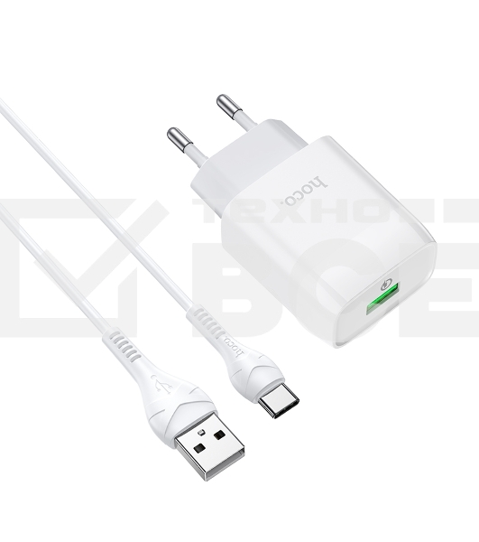 Зарядное устройство Hoco 18Вт, 3А, QC3.0, 1xUSB + кабель USB/Type-C, C72Q, белый, блистер