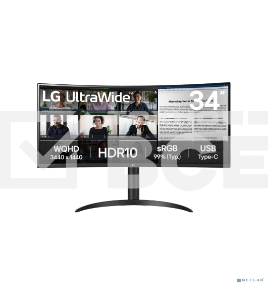 Монитор 34' LG UltraWide 34WR55QK-B VA 3440x1440, 100 Гц, 5 мс, 21:9, 300 кд/м², DP 1.4, 2xHDMI 2.0, USB Type-C, USB Hub, изогнутый экран (1800R), черный