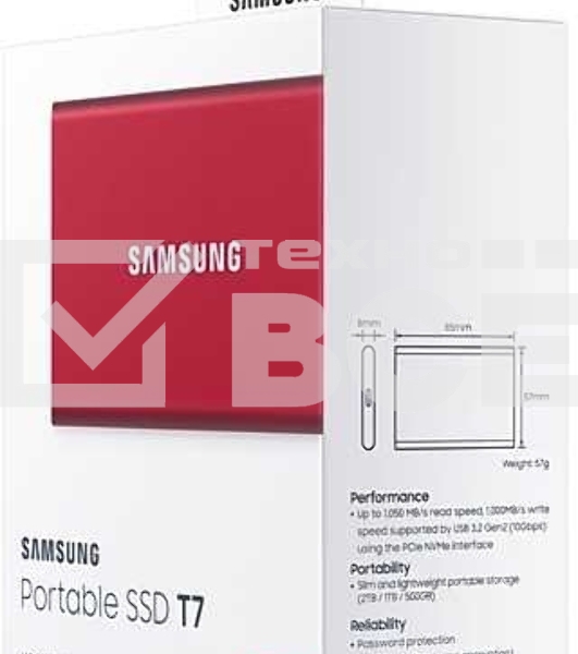 Твердотельный накопитель Samsung SSD 2TB T7, USB Type-C, R/W 1000/1050MB/s, красный