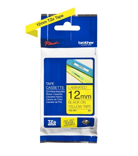 Наклейка ламинированная Brother TZe-631 (12 мм черн/желт, аналог TZ-631)