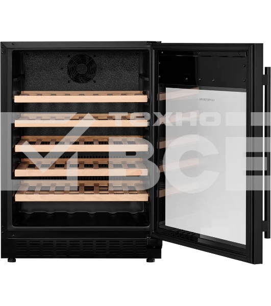 Винный шкаф KUPPERSBERG RBW 85, встраиваемый, High-Tech, объем 135 л, вместимость 54 бутылки, диапазон температуры 5-20 градусов, механическое открытие двери, 5 полок из бука, LCD дисплей, уровень шума 40 дБ, черный