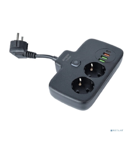 Сетевой удлинитель Amper 0,2 м, 2 розетки, 3*0,75 мм, 10А, 2500 Вт, 3usb, 1 Type-C, 1кн, черный.