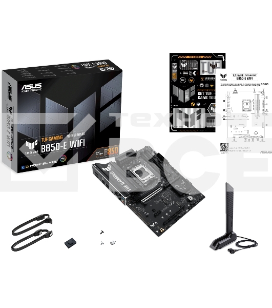 Материнская плата ASUS TUF Gaming B850-E WiFi, AM5, AMD B850, 4xDDR5, 4xSATA, 3xM.2, 1xPCIe 5.0 x16, 1xPCIe 4.0 x16, 1xPCIe x1, 1xDP, 1xHDMI, 2xUSB-C (1x10Gbps, 1x20Gbps), 3xUSB-A 5Gbps, 3xUSB-A 2.0, 1x2.5Gb LAN, Wi-Fi 6E, Bluetooth 5.3, 3x3.5 мм, 7.1, AT