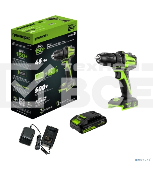 Дрель-шуруповерт аккумуляторная, бесщеточная Greenworks DD345, 24V, 27/45 Нм,13мм,1х2Ач,ЗУ,кор 3708307CUA
