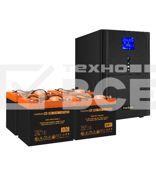 Комплект Источник бесперебойного питания EX295991RUS + батарея 55Aч EX285652RUS 4шт (инвертор, синус, для котла) ExeGate SineTower SZ-5000.LCD.AVR.2SH.1C13.T.RJ.USB <5000VA/4000W, чистый синусоида, LCD дисплей, AVR, 2*Schuko+1*C13+клеммы, RJ45/11, USB, ли