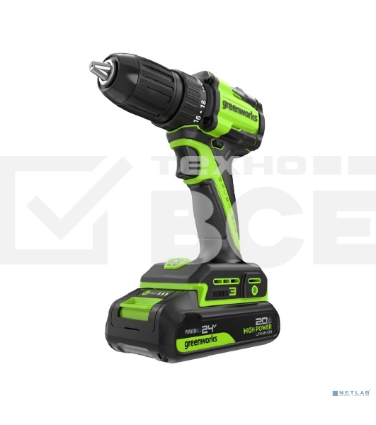 Дрель-шуруповерт аккумуляторная, бесщеточная Greenworks DD345, 24V, 27/45 Нм,13мм,1х2Ач,ЗУ,кор 3708307CUA