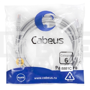 Шнур комм. Cabeus, кат. 6, неэкр., U/UTP, RJ45/RJ45, LSZH, AWG24, 5м, серый