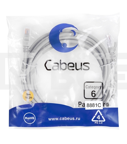 Шнур комм. Cabeus, кат. 6, неэкр., U/UTP, RJ45/RJ45, LSZH, AWG24, 5м, серый