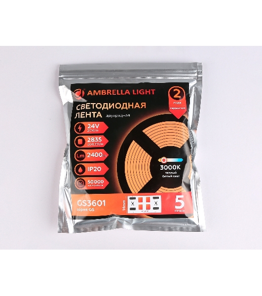 Светодиодная лента Ambrella light GS3601 2835 204Led/ 20W m/ 24V IP20 3000K/ 5000*14*1.2mm (2 конт.)