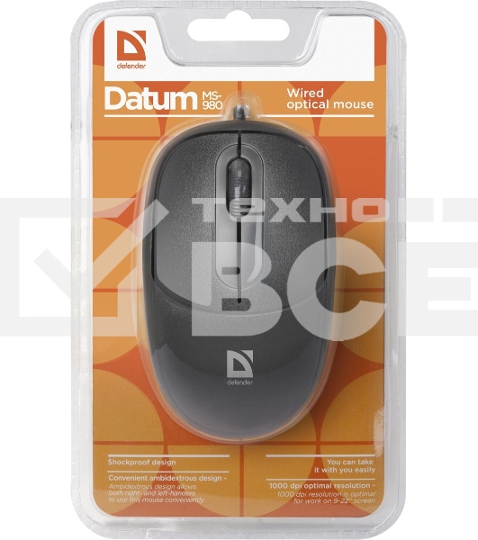 Мышь проводная Defender Datum MS-980 черный, 1000 dpi, USB, кнопки - 3