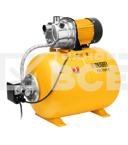 Насосная станция PSL1100X, 1100 Вт, 3600 л/ч, ресивер 50 л, подъем 45 м, нержавейка  Denzel