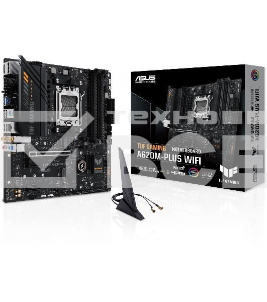 Материнская плата ASUS TUF GAMING A620M-PLUS WIFI, AM5, AMD A620, 4xDDR5, 4xSATA, 2xM.2, 1xPCIe 4.0 x16, 2xPCIe x1, 2xDP, 1xHDMI, 1x 2.5Gb LAN, 4xUSB-A 2.0, 2xUSB-A 3.2 Gen 1, 3x3.5 мм, 7.1, mATX