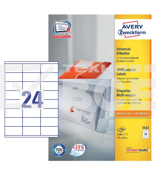 Этикетки самоклеящиеся Avery Zweckform 3422 A4, 70x35 мм, 24 шт, универсальная, 70 г/м2, 100 л, белый