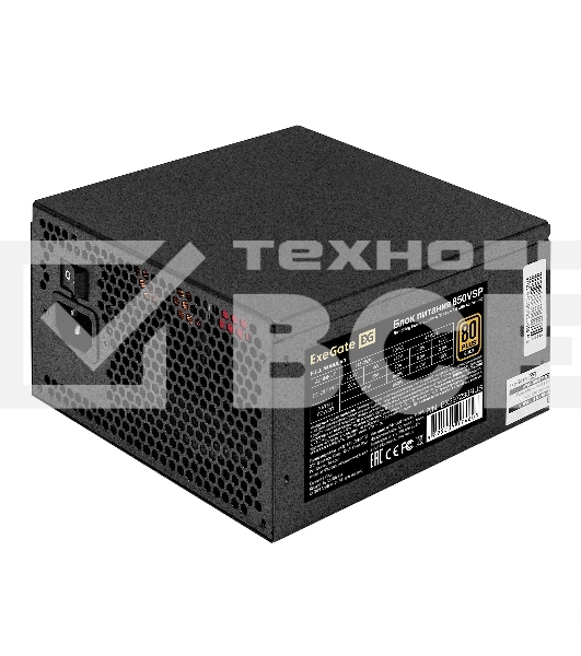 Блок питания 850W ExeGate 80 PLUS® GOLD 850VSP FС (ATX3.0, APFC, КПД 90% (80 PLUS Gold), 120mm fan, 24pin, 2x(4+4)pin, PCIE5.0/12VHPWR, 4xPCI-E, 6xSATA, 3xIDE, 1xFDD, Full Cable Management, black, Color box)
