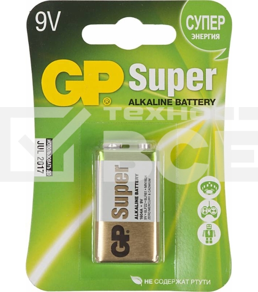 Алкалиновая батарейка GP Super Alkaline G-Tech 9V Крона - 1 шт. на блистере (1 шт.)