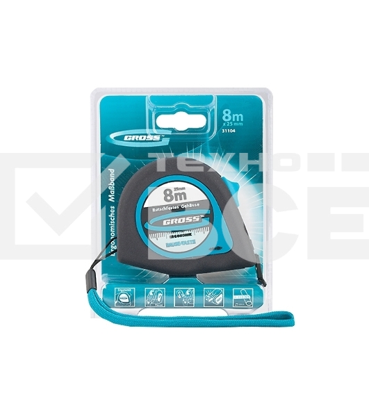 Рулетка Gross 31104 ''ergonomisch'' 8 м x 25 мм магнитный обрезиненный зацеп