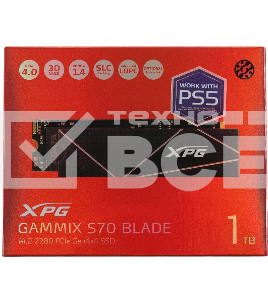 Накопитель SSD ADATA XPG BLADE S70, 1Tb, PCIe 4.0 x4, M.2 2280, NVMe, R/W 7400/5500, с радиатором
