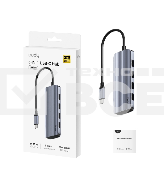 Концентратор USB-C Cudy UH500, 1 USB-C 3.0, 1x 4K@30Hz HDMI Port, 1x 100W USB-C port for PD Charging, 4x USB-A (UH500)