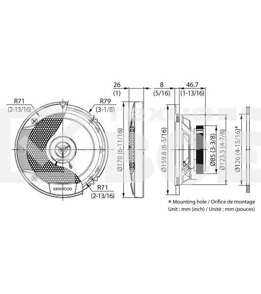 Колонки автомобильные Kenwood KFC-S1676EX 330Вт 87дБ 4Ом 16см (6.5дюйм) (ком.:2кол.) коаксиальные